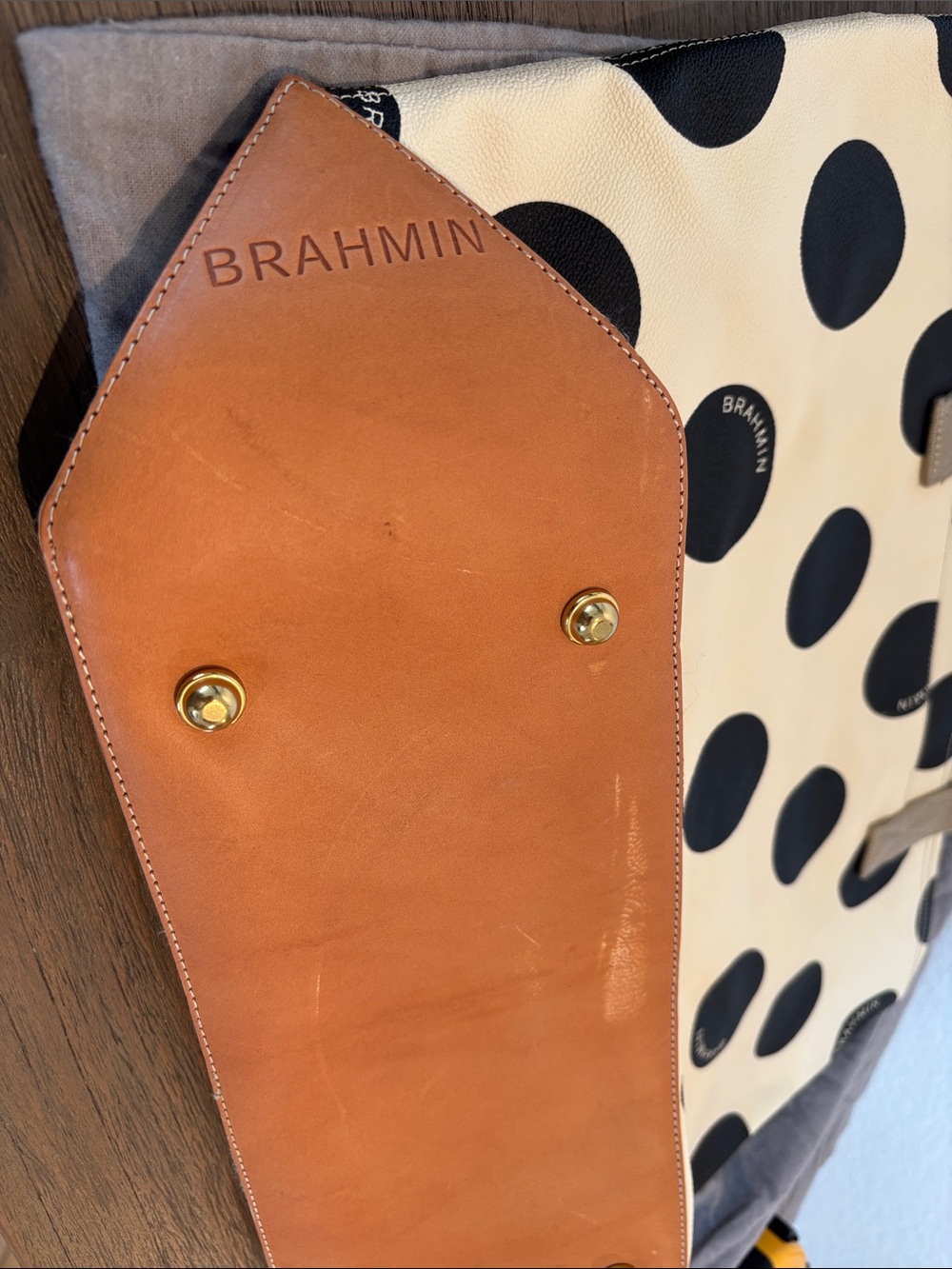 Brahmin Cream and Black Polka Dot Large Tote with Tan Straps - Picture 10 of 10